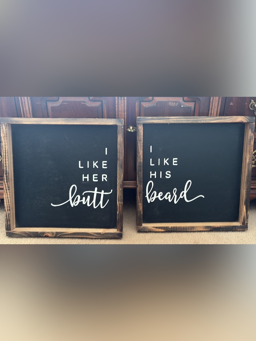 Set of Two Rustic Black Framed Signs - 'I Like Her Butt' & 'I Like His Beard'